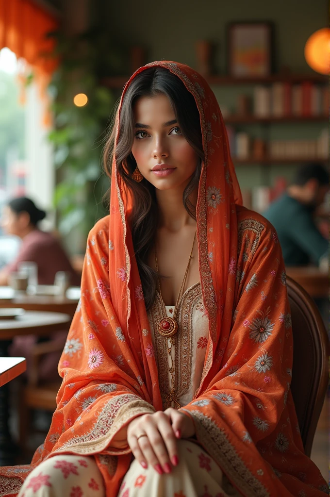 I want a girl image who site in cafe Pakistani dress kurta pajama and also duphata in his neck more realistic image