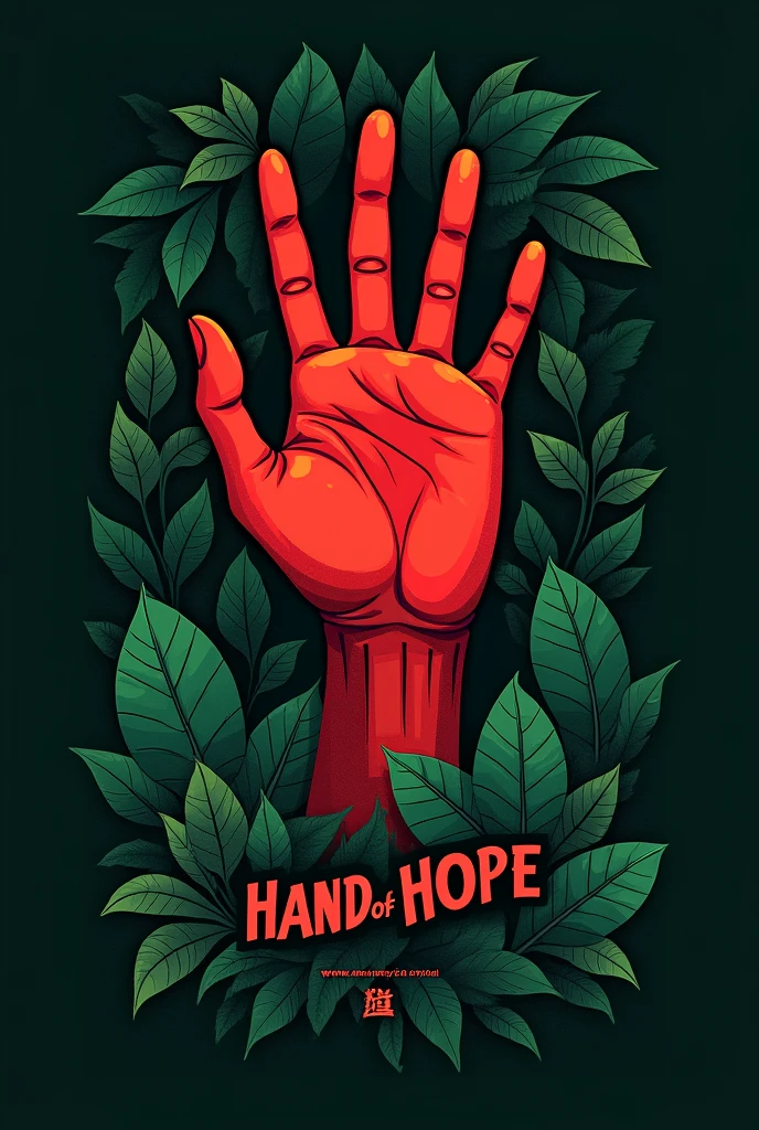 A dark green background with leafy shades of same colour and the title is "hand of hope" on a red hand