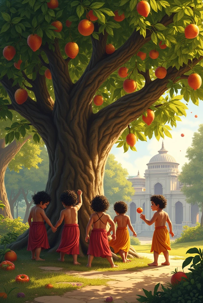 The children Kauravas are plucking fruits from a large tree in the garden. 5 years old Bhima approaches, but they try to stop him from climbing the tree.