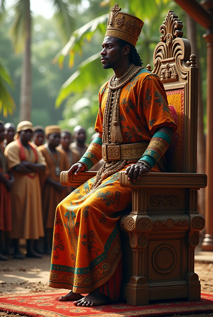 A Yoruba king in yoruba king attire coming to sit on the chair in a side view ( include the chairs) while the gathering of the village are watching him coming towards the chair