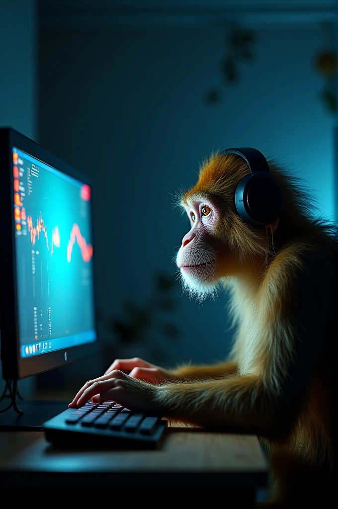 Monkey on computer playing with short beard and mustache with headphones on in a room dark background