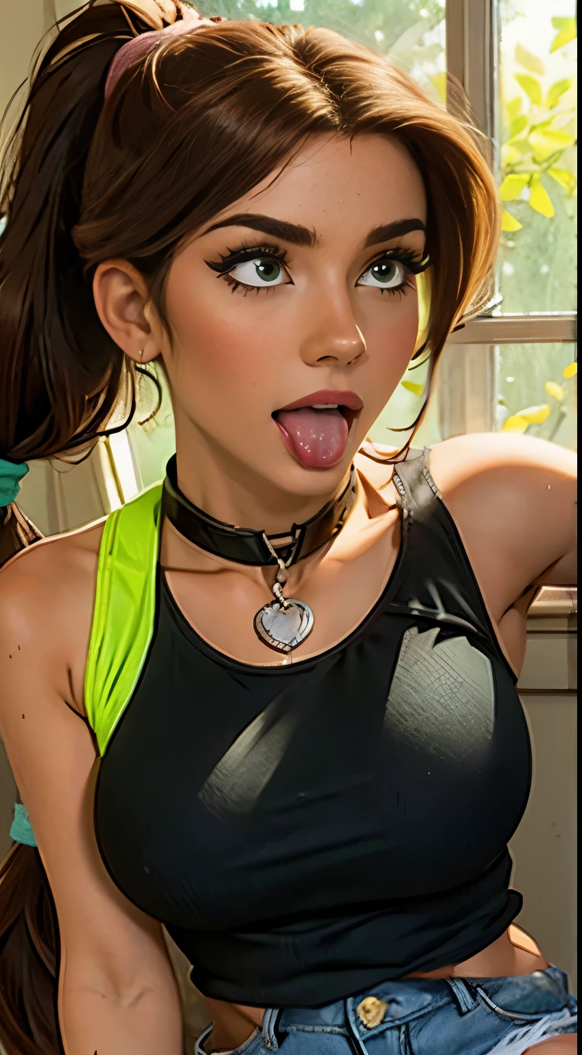 (masterpiece, Best Quality:1.4), portrait only, female, women,  wavy brown hair and ponytail.  torn clothes. (lime green summer tank top, You wear a choker and a leash around your neck), damaged clothes, neckline, big breasts, exposed.  Arrodillada mira a su amo  y saca la lengua dejando caer baba en su neckline provocativamente. 