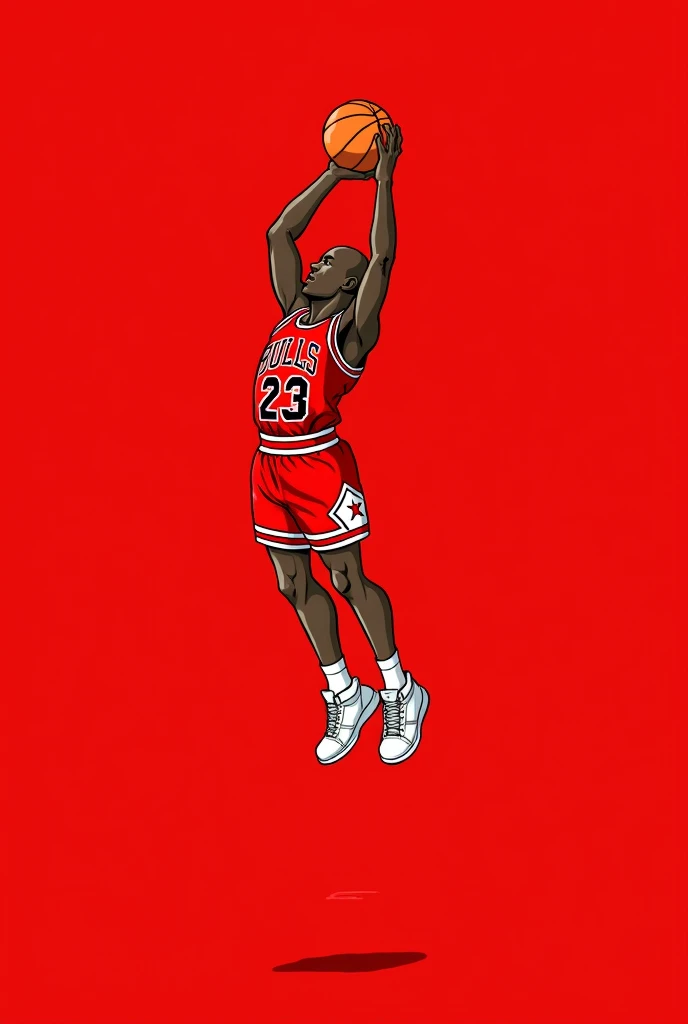 Illustration, cartoon, HQ 80s, basketball, basketball_uniform, 1boy, shorts, male_focus, solo, sportswear, shoes, nike, dark-skinned_male, red_shorts, sneakers, bald, dark_skin, red_background, white_footwear, full_body, Michael Jordan, dunking moment,Michael Jordan,Michael Jordan,Michael Jordan,Michael Jordan,Michael Jordan, Michael Jordan face,