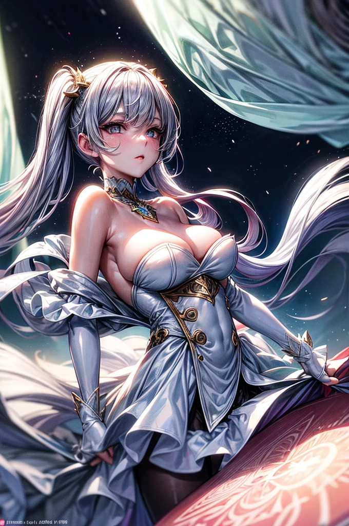 ((best quality)), ((masterpiece)), (detailed), beautiful young woman, royal and well defined facial features, alabaster white skin, oval shaped face, starry pink lips, starry pupiled eyes( 8 pointed star pupils), sleek and wavy two tone astral colored hair(moonlight blue, silver), twintails, slim thick, athletic build, D-cup breasts, slim waist, large round ass, short height(165cm), modern royal fantasy setting, elegant battle dress