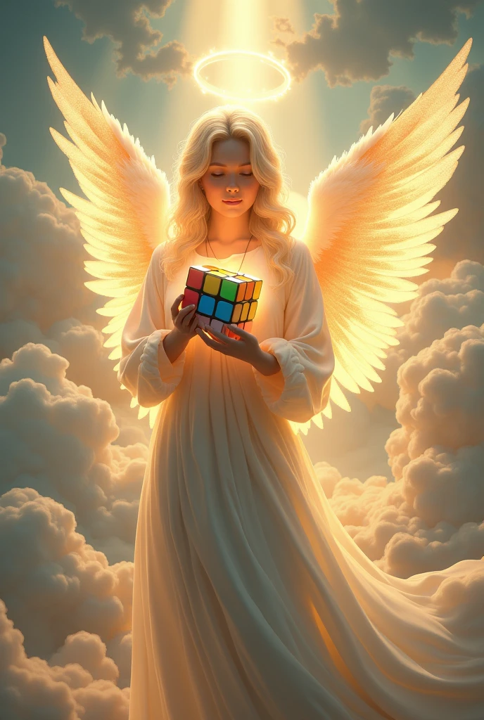 An angel with rays on its wings and holding a Rubik&#39;s cube 