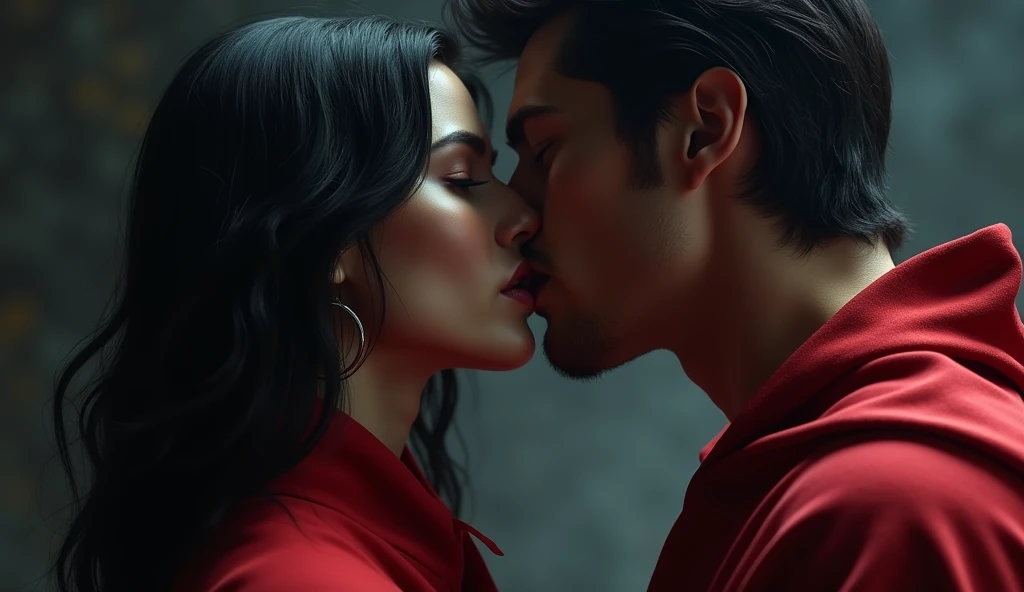 close up of the mouth of a white woman in a red cape, with black hair who is seductively putting her tongue in the mouth of a sexy white man with black hair and muscular. black and gray gradient, hazy, realistic, 8k resolution, Unreal Engine, cinemati. close up only on the mouths