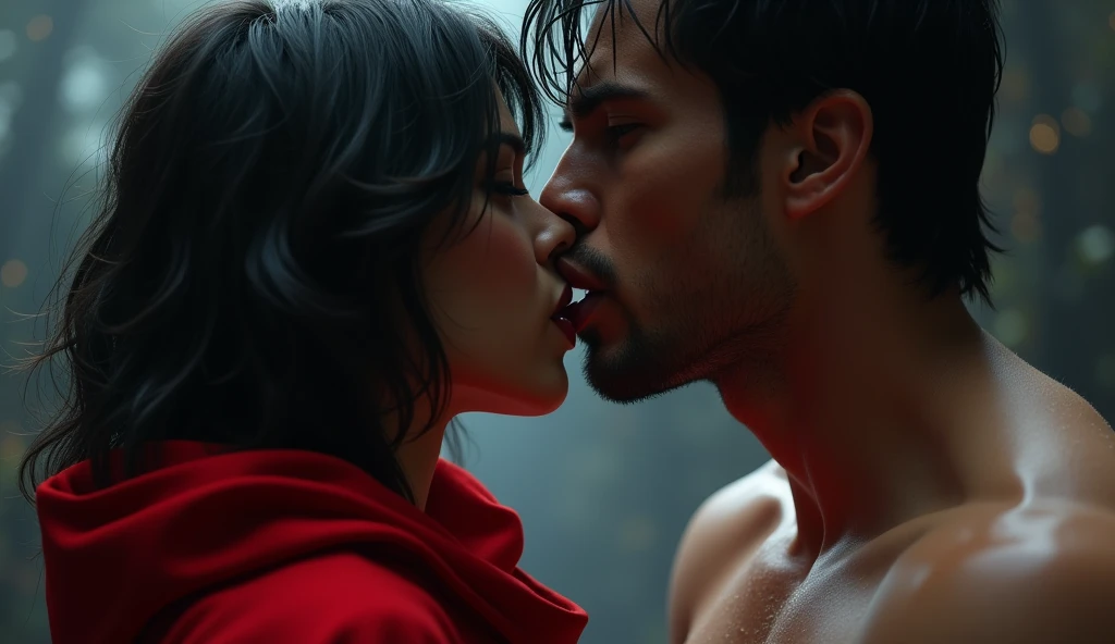 close up of the mouth of a white woman in a red cape, with black hair who is seductively putting her tongue in the mouth of a sexy white man with black hair and muscular. black and gray gradient, hazy, realistic, 8k resolution, Unreal Engine, cinemati. close up only on the mouths
