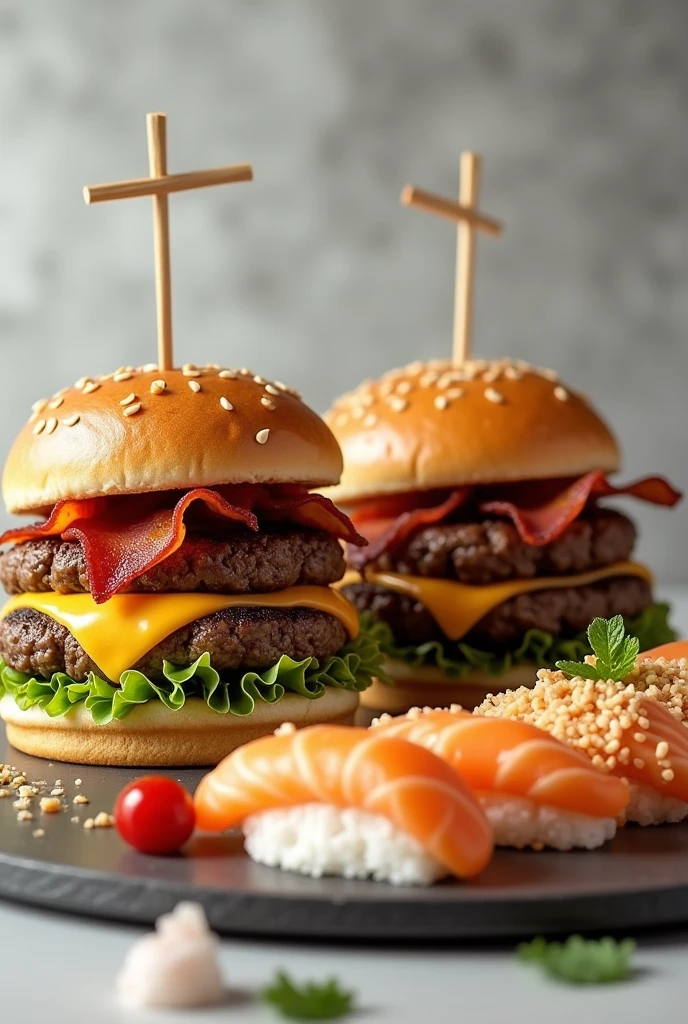 2 burgers with meat, cheese and bacon along with 10 tempura sushi cuts