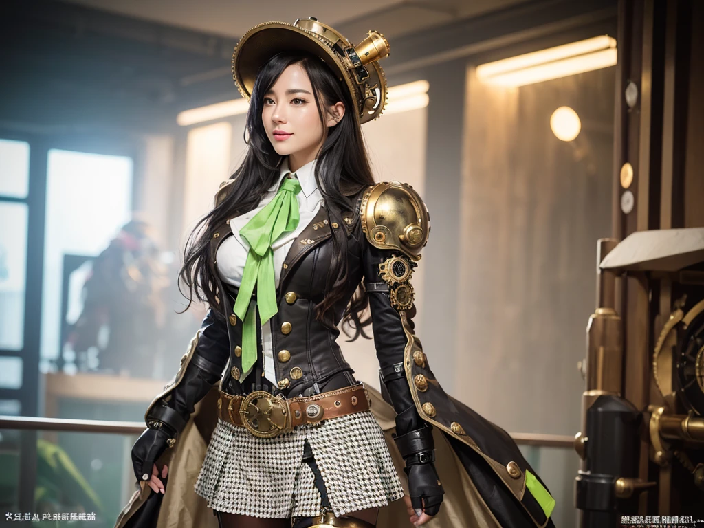 Woman portrait、Highest quality、Rear View、8k,Detailed face, clear, Fine skin、clear, Beautiful Eyes、whole body、(Curly Hair)、My hair was messed up by the wind、The beauty of a smile、(Attractive muscles、expensive),(Hip_Excellent, Hip Excellent), Mature Woman,( Observe the audience),Realistic, High resolution, Soft Light,1 female, alone, Hipアップ, Glowing Skin, (Detailed face), Sexy smile, Perfect Style, Perfect balance,Black Hair,Long Hair,Naughty look,((Steampunk gathered skirt、Houndstooth)),(Green and white mech, High-tech Mecha,Beautiful steampunk cyborg woman,Steampunk Mech Cyborg Girl,Lime green steampunk green and white jacket,High Leg,steampunk body stocking,A richly decorated gold belt,beads,Elbow hand pockets,Gemstone Helmet,White dress shirt,Short tie with jewels,Wrist cuff,Gemstone Helmet,steampunk body stocking,one piece),((Put your arms behind your back)),(Bokeh),(Studio Lighting)
