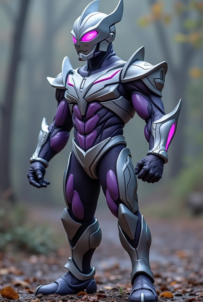Gray Ultraman with purple touches and a voice 