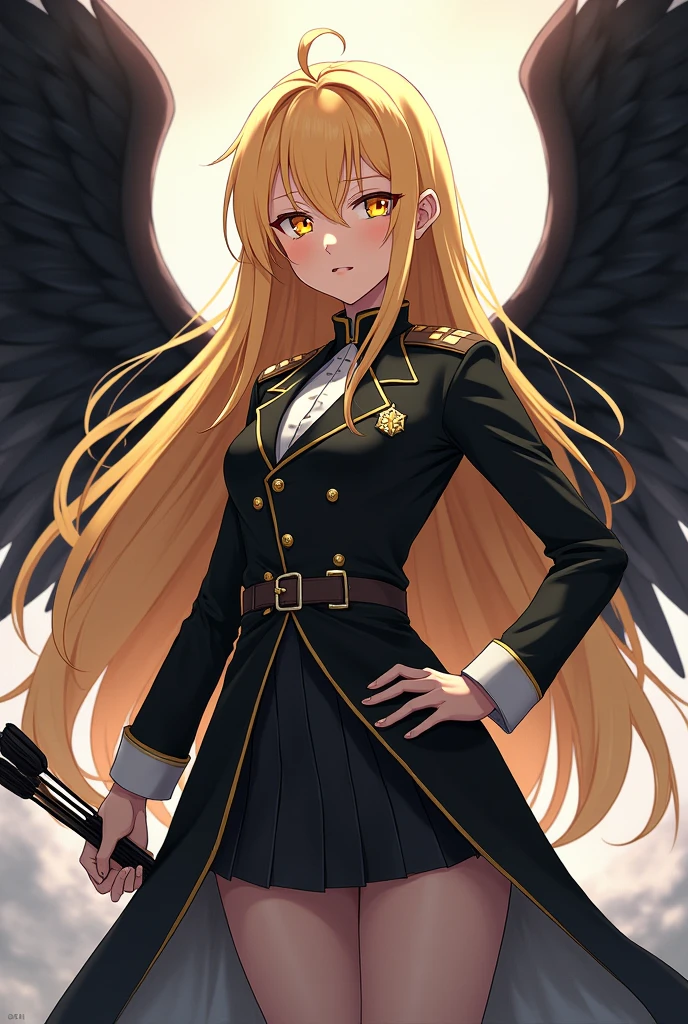 blonde anime girl with long hair, with large black wings and bright yellow eyes, Black official uniform of the KaijuNo Third Defense Division.8 with a bow and arrows in his hands