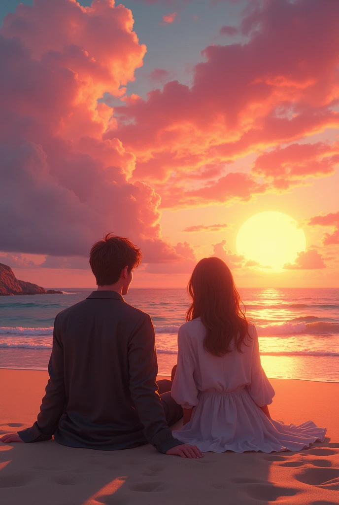 Newt on the beach with the pink and orange sky sitting next to Elena Gilbert