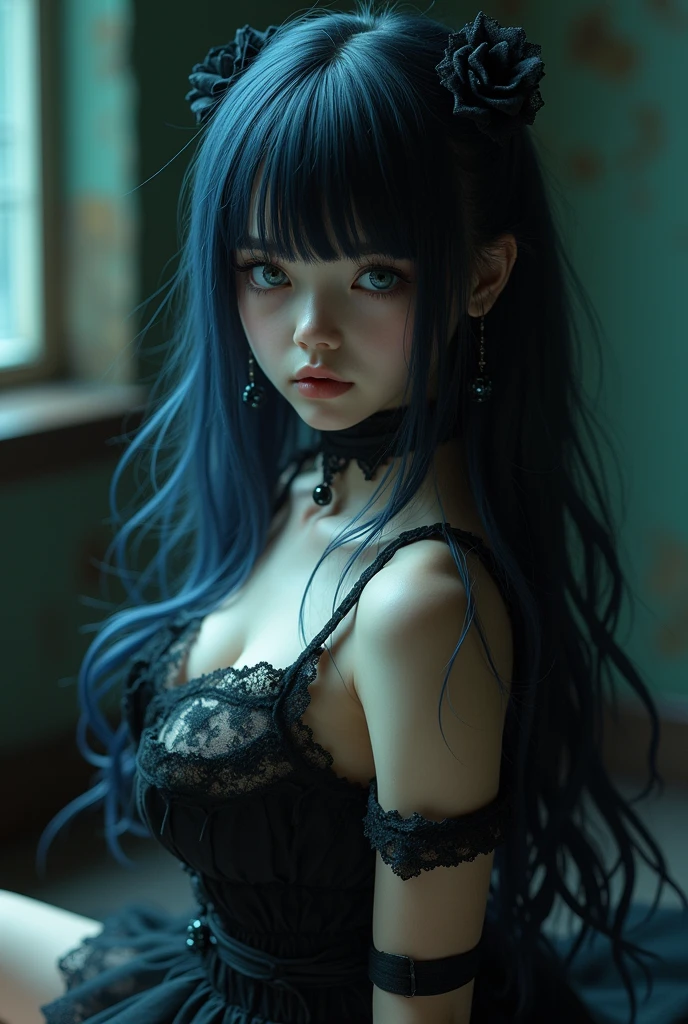 Baby Face limbs to be tied up Beauty Big Breasts Gothic Lolita dress is messed up and her nipples are exposed Pussy Long, almost blue, black hair that looks motionless like a Kokeshi doll Bangs are aligned in a straight line A mature-looking person
