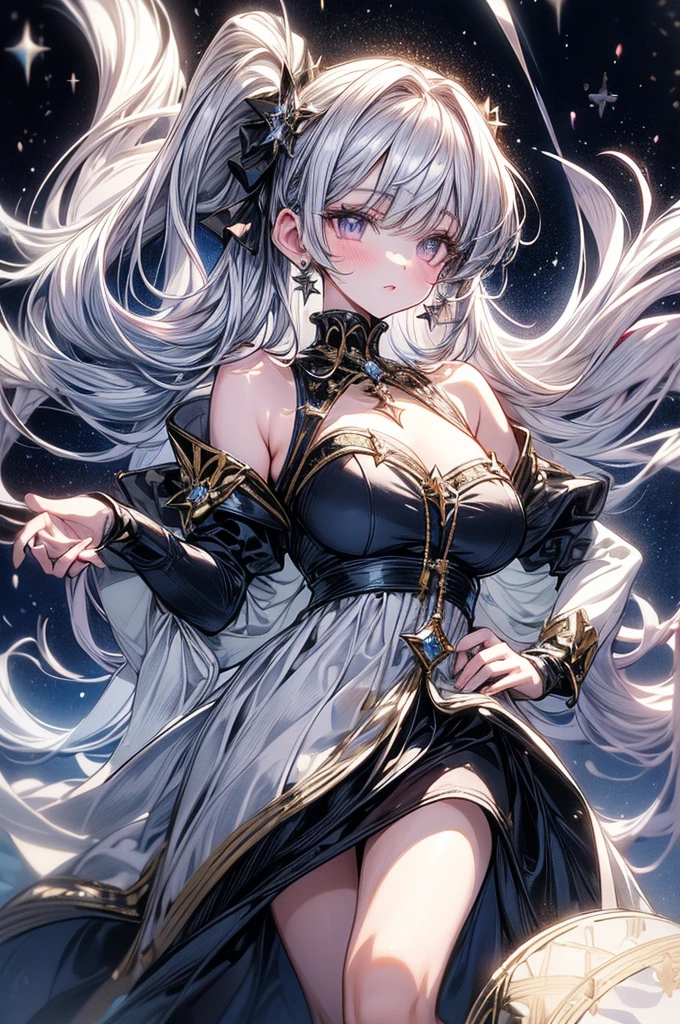 ((best quality)), ((masterpiece)), (detailed), beautiful young woman, royal and well defined facial features, alabaster white skin, oval shaped face, starry pink lips, starry pupiled eyes( 8 pointed star pupils), sleek and wavy two tone astral colored hair(moonlight blue, silver), twintails, slim thick, athletic build, D-cup breasts, slim waist, large round ass, short height(165cm), modern royal fantasy setting, elegant battle dress