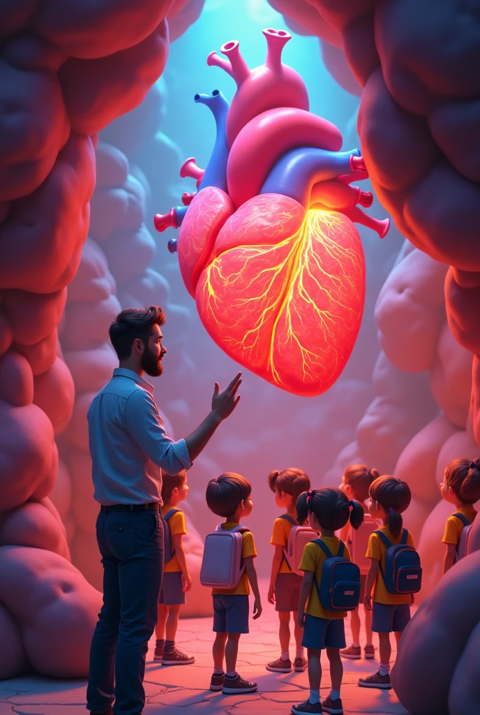 Young bearded teacher teaching students about body anatomy as they walk inside the heart and interact with its cartoon parts