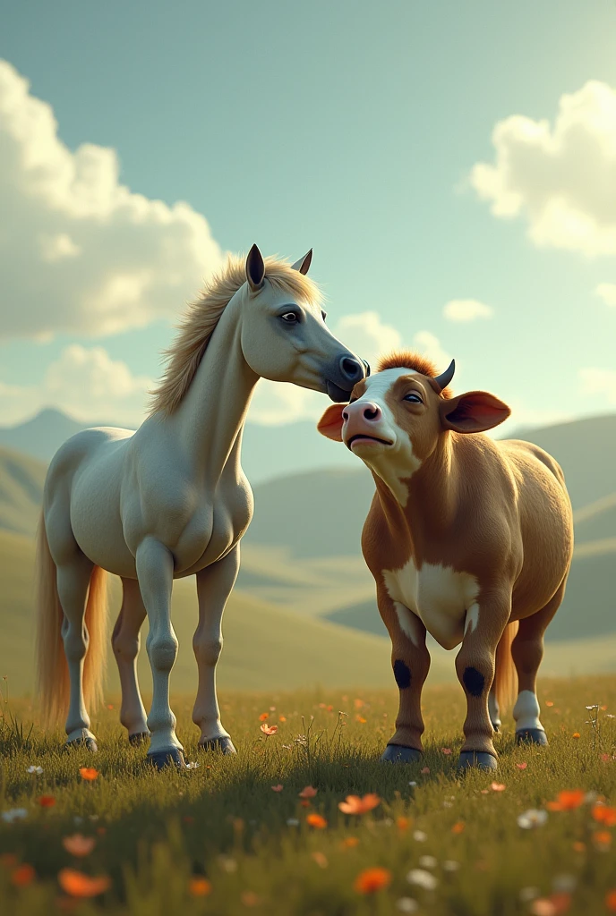 A legless horse kissing a cow with a stomachache