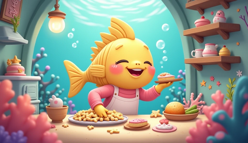 Create a cozy underwater scene featuring Grandma Fish, who is known for her sweet nature and baking skills. Depict her as a warm, pastel-colored fish with a friendly smile, working in a charming sea-themed kitchen. The kitchen includes a seaweed stove and various sea-based ingredients. Show her preparing delightful underwater treats like starfish-shaped cakes and seaweed cookies, with small sea creatures eagerly enjoying or assisting. The background should be softly lit, with vibrant corals and gentle bubbles, creating a warm, inviting atmosphere that highlights Grandma Fish’s nurturing and beloved role in her underwater community.



