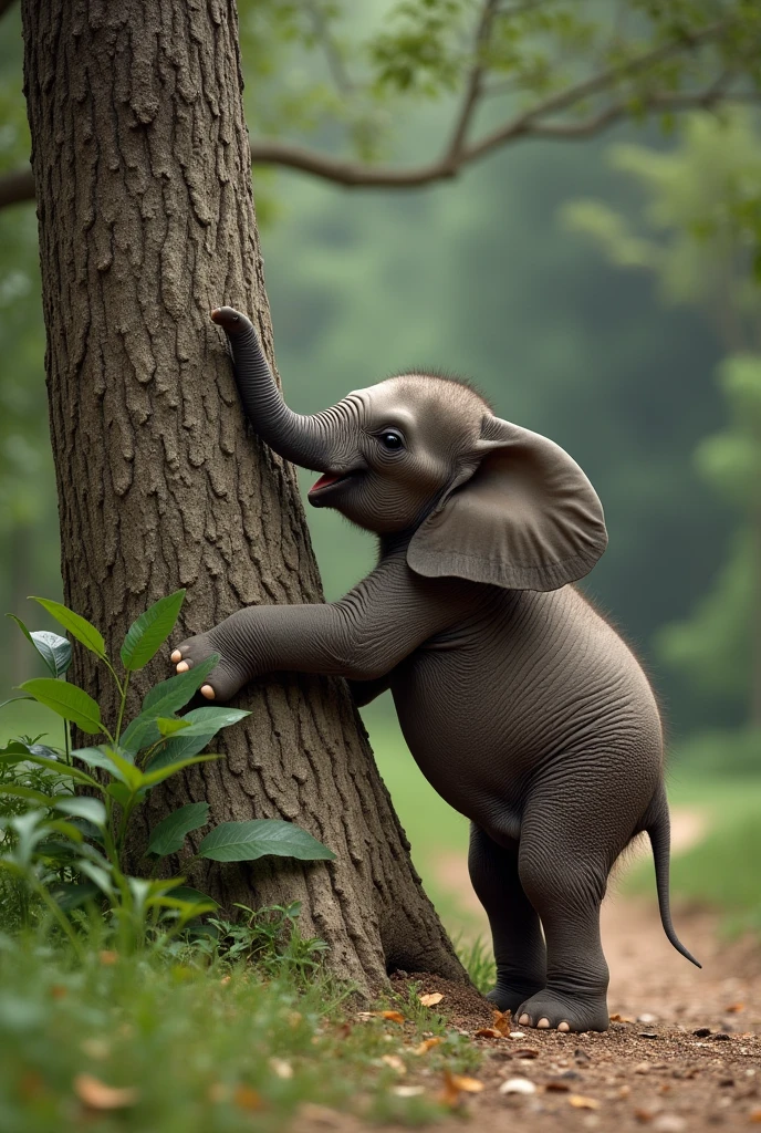 Create a realistic image with a fully-sized tree fallen to the ground in the middle of the path. a small baby elephant is pushing the tree with its head using all its strength,