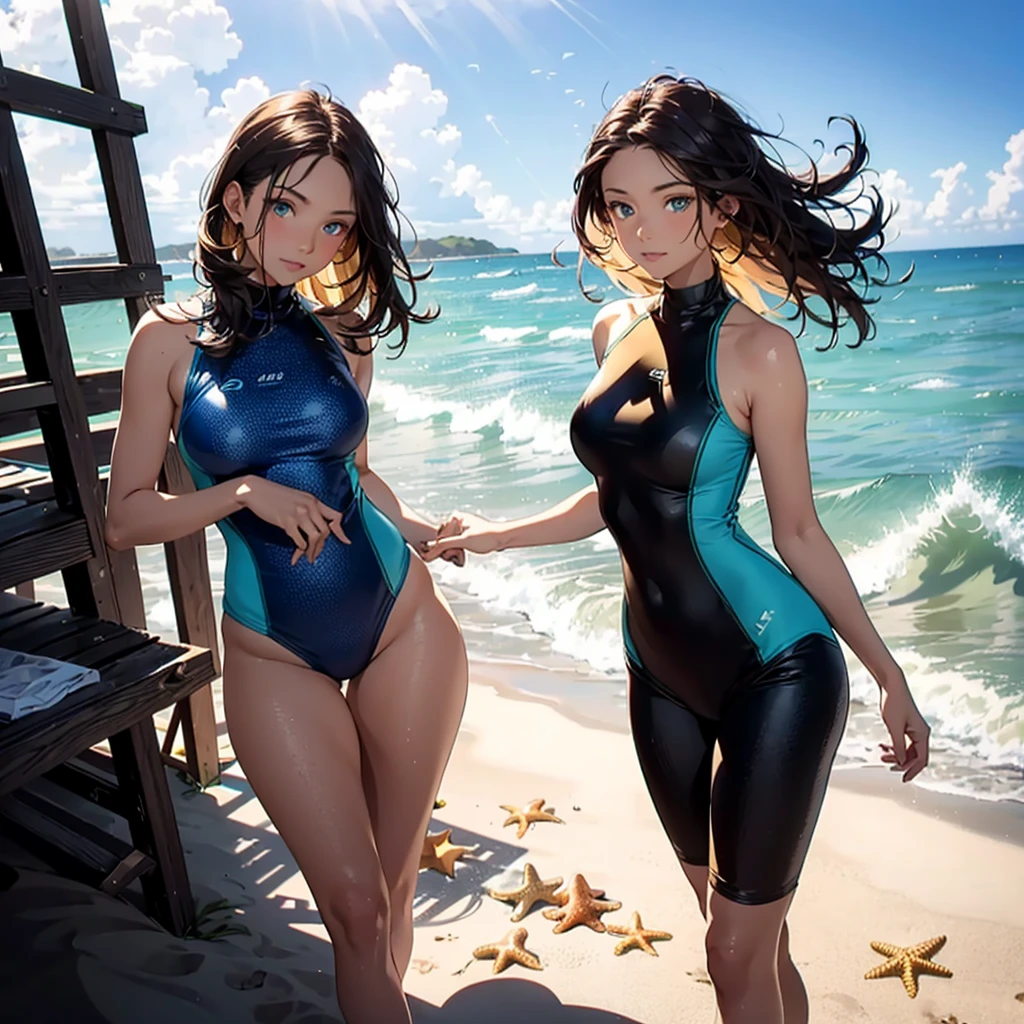 (Best quality, Ultra-detailed, Golden ratio, Masterpiece: 1.1), Beach scene: 0.9, Stunning woman: 1.3, Young and radiant: 1.2, Brown hair, wavy and sunlight-kissed: 1.4, Sparkling blue eyes, filled with wonder and joy: 1.5, Slender figure, dressed in a colorful swimsuit: 1.6, Sun-kissed skin, glowing with health and vitality: 1.7, Seashells at her feet, sand between her toes: 1.8, Waves crashing gently in the background: 1.9