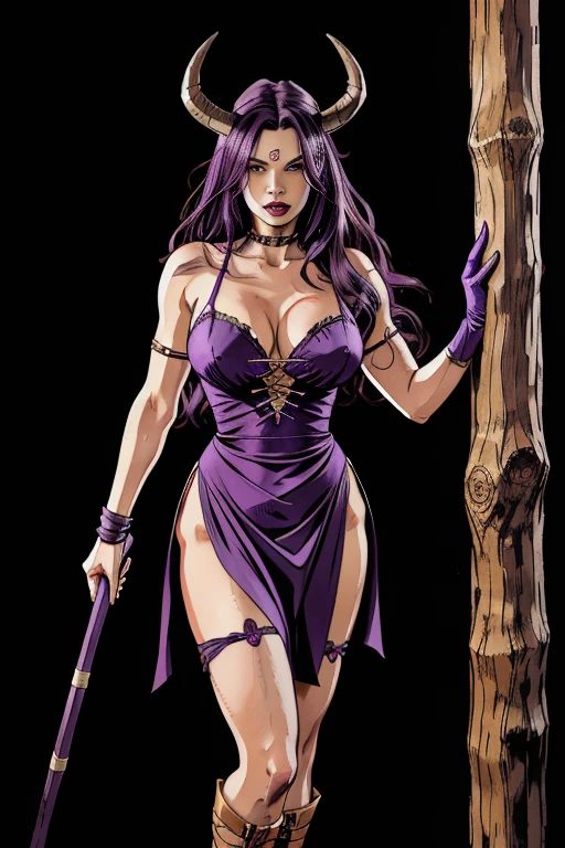 A female oni with long silky purple hair, two long horns on the forehead, pointed ears, dark eyes, thin lips with fangs, round face, muscular full body, wearing a dress made of wrapped purple fabric strips, large breasts (with cleavage), wide hips, defined torso, toned thighs and arms, long purple arm wraps, standing imposingly holding a wooden staff, full body, wild gaze, (best quality,4k,8k,highres,masterpiece:1.2),ultra-detailed,(realistic,photorealistic,photo-realistic:1.37),digital art, fantasy, dark fantasy, character design, dramatic lighting, vibrant colors, dramatic poses
