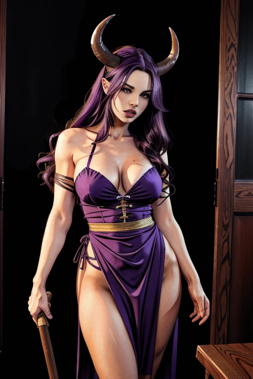 A female oni with long silky purple hair, two long horns on the forehead, pointed ears, dark eyes, thin lips with fangs, round face, muscular full body, wearing a dress made of wrapped purple fabric strips, large (with cleavag hips, defined torso, toned thighs and arms, long purple arm wraps, standing imposingly holding a wooden staff, full body, wild gaze, (best quality,4k,8k,highres,masterpiece:1.2),ultra-detailed,(realistic,photorealistic,photo-realistic:1.37),digital art, fantasy, dark fantasy, character design, dramatic lighting, vibrant colors, dramatic poses