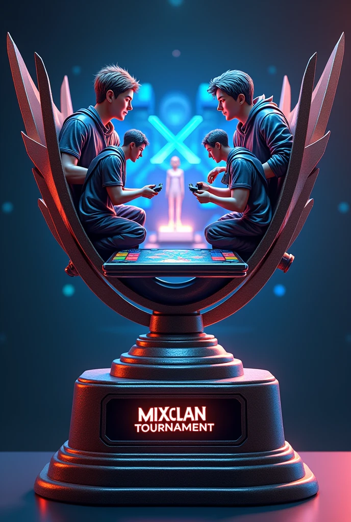 Create a trophy with the word Mix Clan Tournament with five players playing on a horizontal gamer cell phone