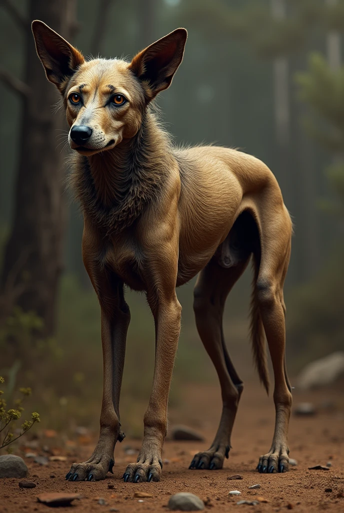 Make an old dog, Indigenous, long and thin, with a face full of scars and only one eye