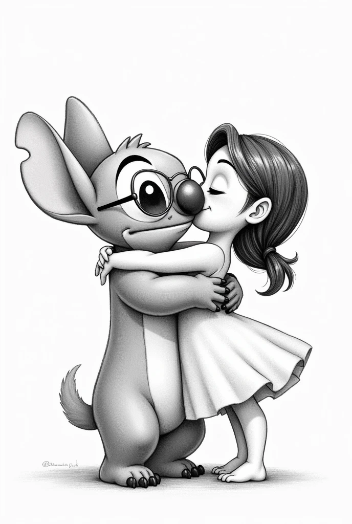 Pencil drawing of Stich with glasses and his girlfriend kiss