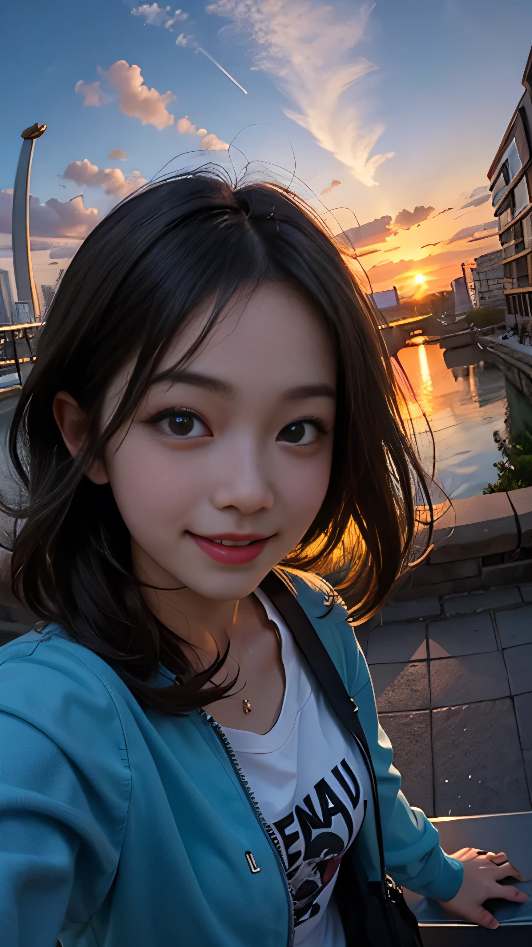 One girl, Korean, Fisheye Lens, Selfie, Wind, Messy Hair, sunset, Cityscape, (Aesthetics and atmosphere:1.2),smile