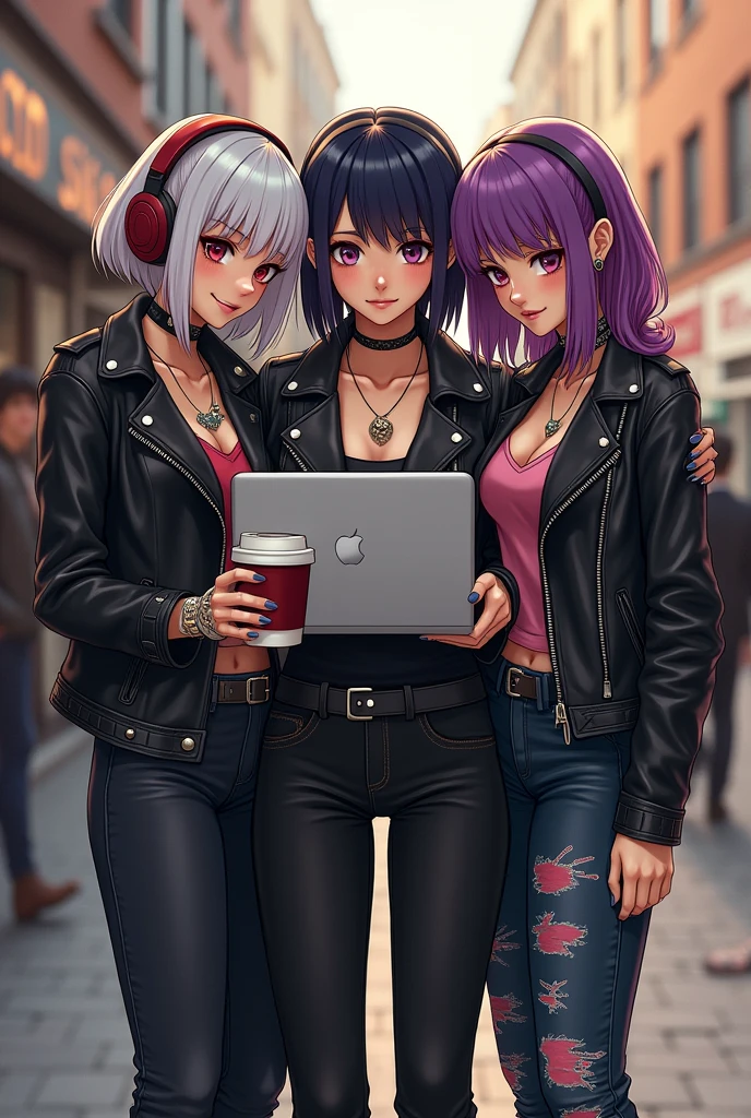 3 girls one with a badass leather jacket with a coffee, girl with short hair headphones, with purple locks who has a laptop a leather jacket, with very tight black pants, He seemed to be wearing a chain around his neck, but I couldn't quite see it. , She is wearing high boots and seems to have a tattoo on her neck although I couldn't really see what it was., because it was covered with a lock of her hair, The third one had dyed hair and was wearing a pink shirt., very pink, for my taste and some jeans that looked like they had been splashed by different types of paint all over the pants,