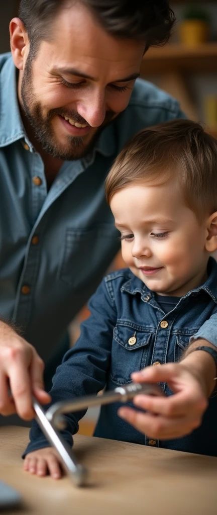 Father and son working together holding a tool