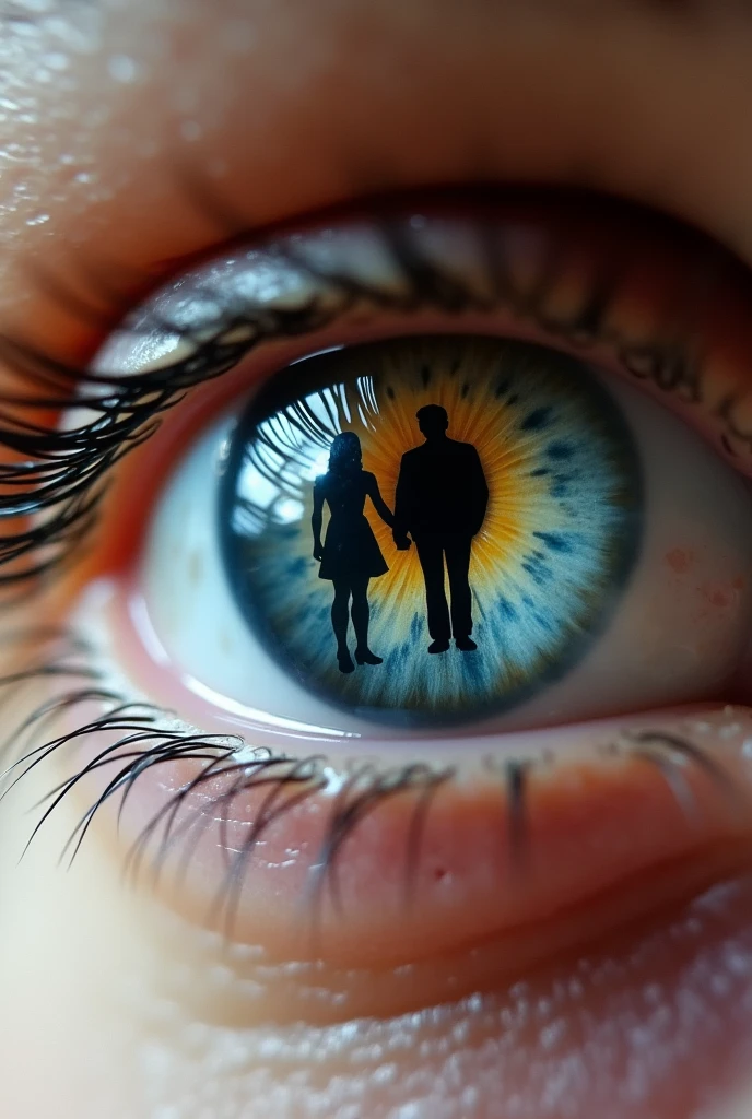 Human eye filled with tears and a silloute of a male and female holding hands in the middle of the iris 