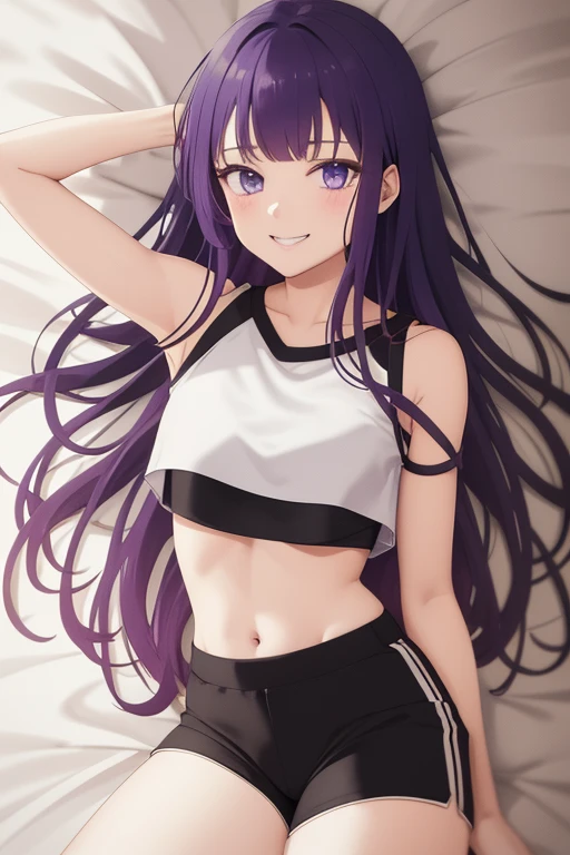 Anime, 1girl, solo, long_hair, purple_eyes, light_purple_hair, bare_shoulders, smile, upper_body, bangs, sidelocks, anime_coloring, white crop top, black athletic shorts, medium breasts, thick thighs, sexy pose, high resolution, detailed