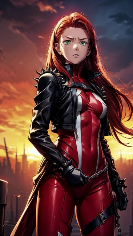 (1girl, she_spawn), (extremely detailed CG unit 8k wallpaper),(master part), (best quality), (ultra detail), (best illustration),(Pluto Anime Style (Naoki urasawa)), cowboy shot, (Sharp eyeliner, ombre, detailed eyes:1), midnight, dark city background, ,break , (detail tweaker), SheSpawn with red hair in a red and white mask and costume and green glowing eyes and a black leather jacket with spikes and white armor on the shoulder and chais around her waist and legs holding guns