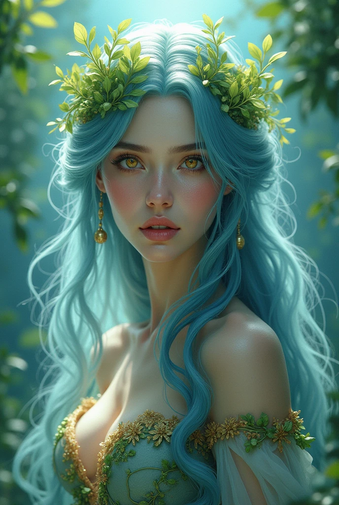 A herdeira princess has water, blue hair, amber eyes, and light green hair