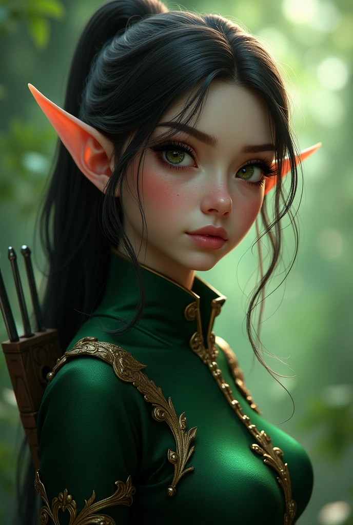beautiful detailed eyes, beautiful detailed lips, extremely detailed eyes and face, long eyelashes, 1 girl, elf archer, black and green suit, hd, ultra detailed anatomy, ultra detailed face, highly detailed digital art, fantasy, cinematic lighting, cinematic scene, concept art, realistic rendering, photorealistic, hyper detailed, vibrant colors, dynamic pose, full body pose, standing