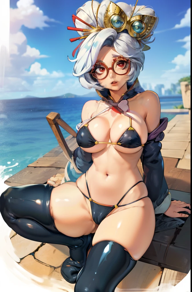 cheap, White hair ,red glasses Aura, hair ornament, Red eyes, earrings ,pomade, eyeshadow , bikini dunkellila, Wizard (Bikini-Krieger) ,black boots above the knee, black elbow gloves,
