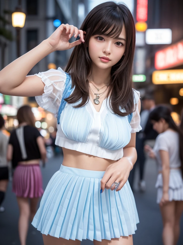 Product quality,1 girl,Cowboy Shot,Front view,Young and sexy Japanese girl,20-year-old,Harajuku,(Crowded street:1.4),Snazzy(Blue:1.5),shirt,wear,Snazzyバッグ,Fashionable necklaces,Snazzyイヤリング,((White super short micro pleated mini skirt:1.5)),wear,Very cute face,Glossy Lips,Double eyelids on both eyes,(Natural Makeup),shiny smooth light brown long hair,,,Asymmetrical bangs,Center image,8k resolution,Attention to detail,Detailed hairstyle,Detailed face,Cinema Lighting,Octane Rendering,Ultra-realistic,Perfect limbs,(Detailed fingers:1.5),Beautiful legs,Voluptuous thighs,Huge breasts,Perfect ???????,(Model pose:1.3)
