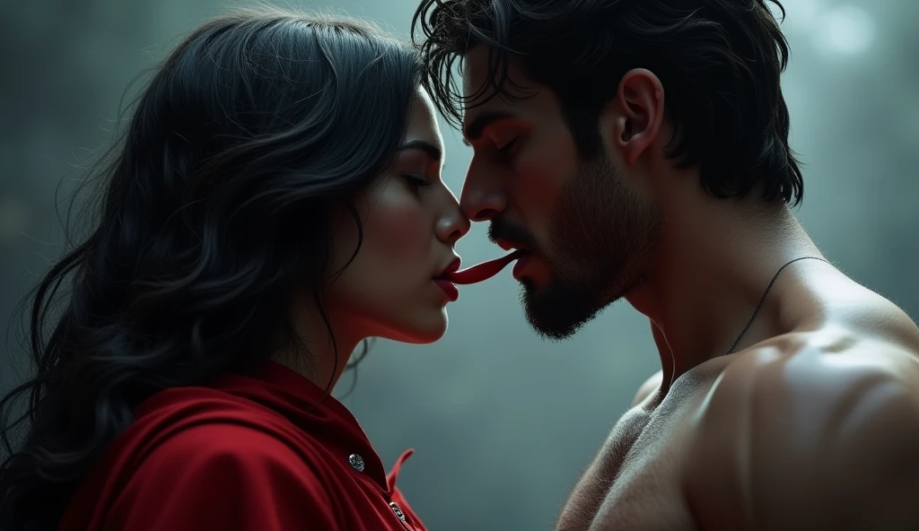 close up of the mouth of a white woman in a red cape, with black hair who is seductively putting her tongue in the mouth of a sexy white man with black hair and muscular. black and gray gradient, hazy, realistic, 8k resolution, Unreal Engine, cinemati. close up only on the mouths
