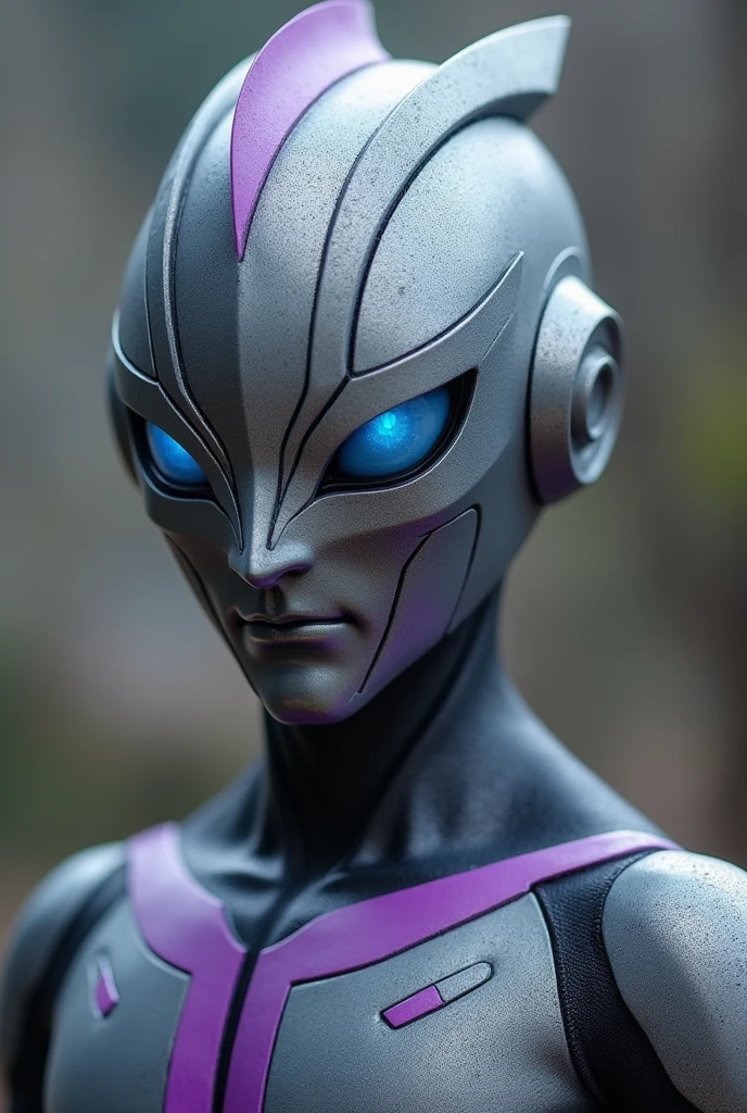 Ultraman with a gray and thin body and purple touches and blue eyes please