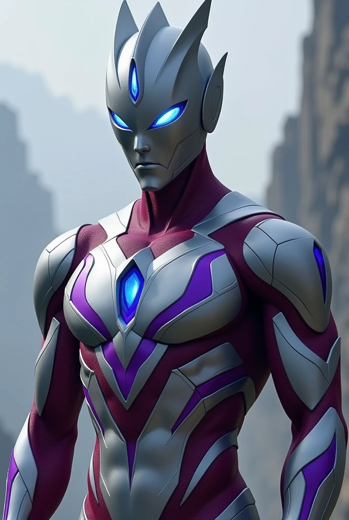 Ultraman with a gray and thin body and purple touches and blue eyes please