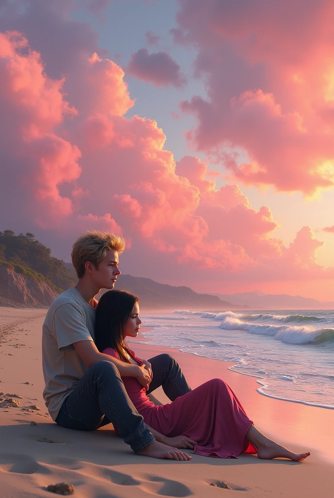 Newt maze runner on the beach with pink and orange sky sitting next to Elena Gilbert the vampire diaries