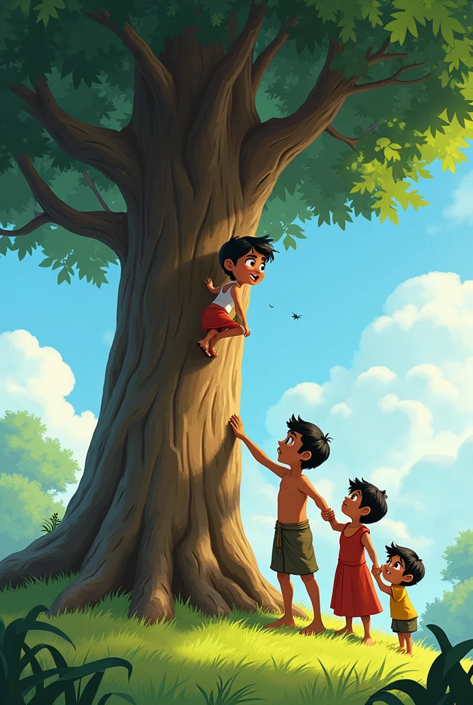 5 years old Bhima approaches, but they try to stop him from climbing the tree.
