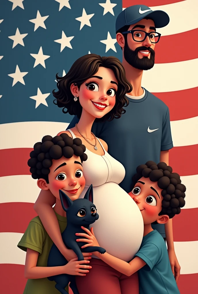 Animated white skin beautiful girl fashionable pregnant , a pair of short curly haired boys hugging a black haired chihuahua dog, along with a tall man with a black beard wearing reading glasses , Nike flat cap and sport shirt Nike shoes with USA flag background on the back