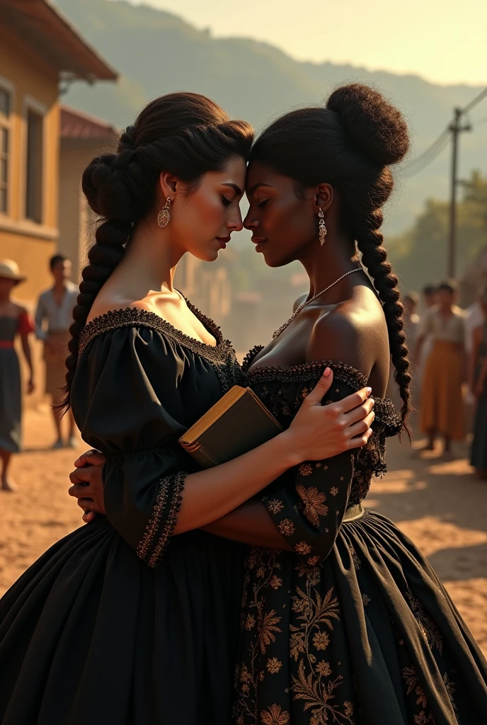 "Create a romantic, historical scene set in early 18th century colonial Brazil, focusing on two women in a vibrant and detailed environment. The first woman is a strong and influential figure, a Portuguese woman with a strong presence, dressed in an elegant black dress with gold details. She is involved in an affair with the second woman, a domestic slave of mulatto origin, who was raised within the paternal family. The slave is described as beautiful, with delicate features and well-groomed hair, also dressed in a black dress with gold.

The scene should depict the two women embracing, with the slave holding a book, symbolizing his quest for knowledge and a special bond with his owner. The background should show a detailed landscape of Minas Gerais in colonial times., with a mineral extraction property. Include elements typical of the period, like muleteers with their loads, maids performing daily tasks, and the characteristic architecture of colonial buildings. Lighting should capture the warm, opulent atmosphere of colonial Brazil, reflecting both the wealth of the property and the intimacy of the relationship between the two women."