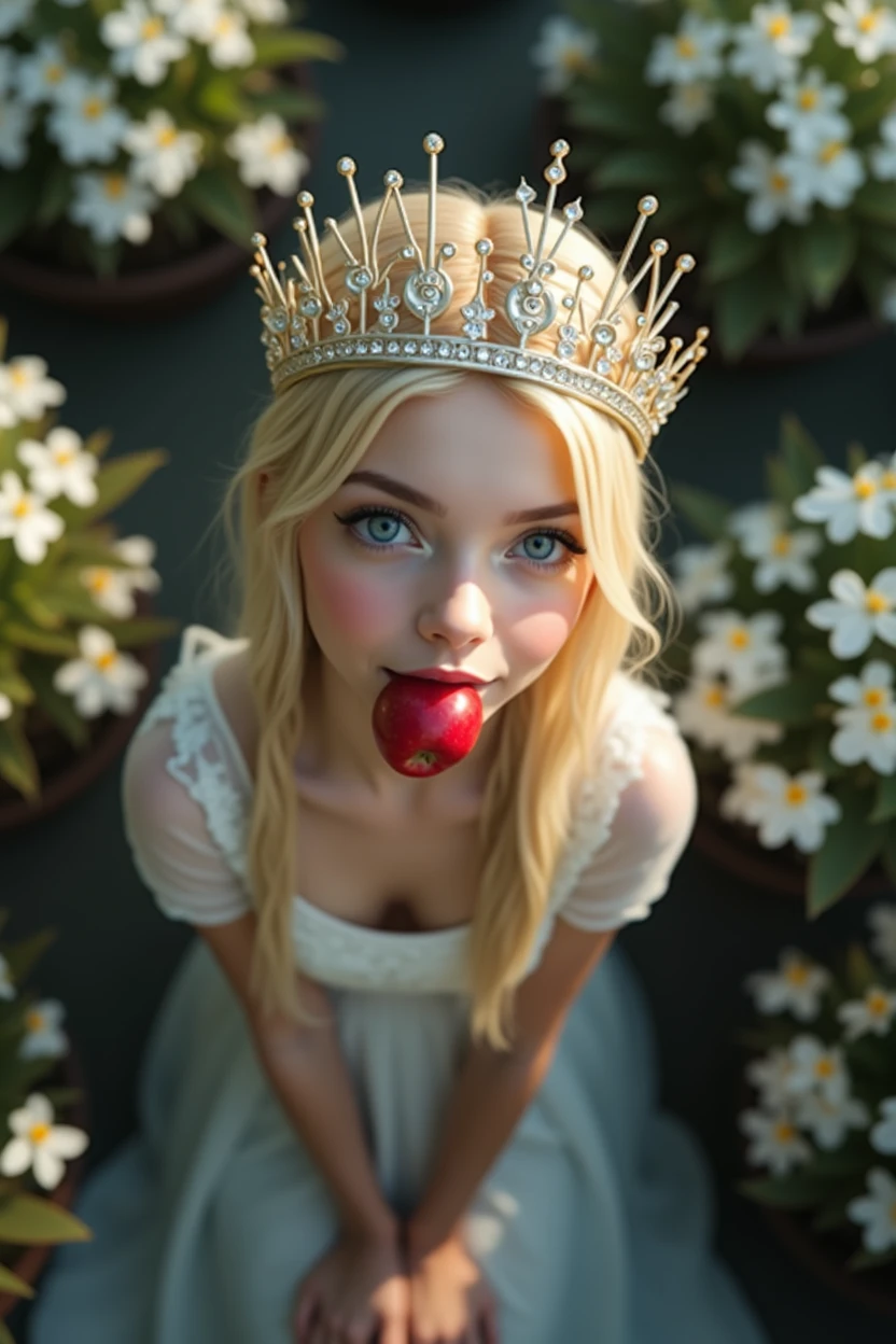 a stunning woman with thick long wavy white hair and blue eyes posing for a picture in white sheer gown, beautiful fairy princess, big crown with many sparkling diamonds, very beautiful fairy top model, ethereal beauty of queen, beautiful and elegant fairy queen with crown and red apple she is biting, fairy princess, sparkling blonde empress, princess, ice princess, ethereal fairytale, ethereal fantasy, ice queen, queen galadriel, fantasy gorgeous lighting