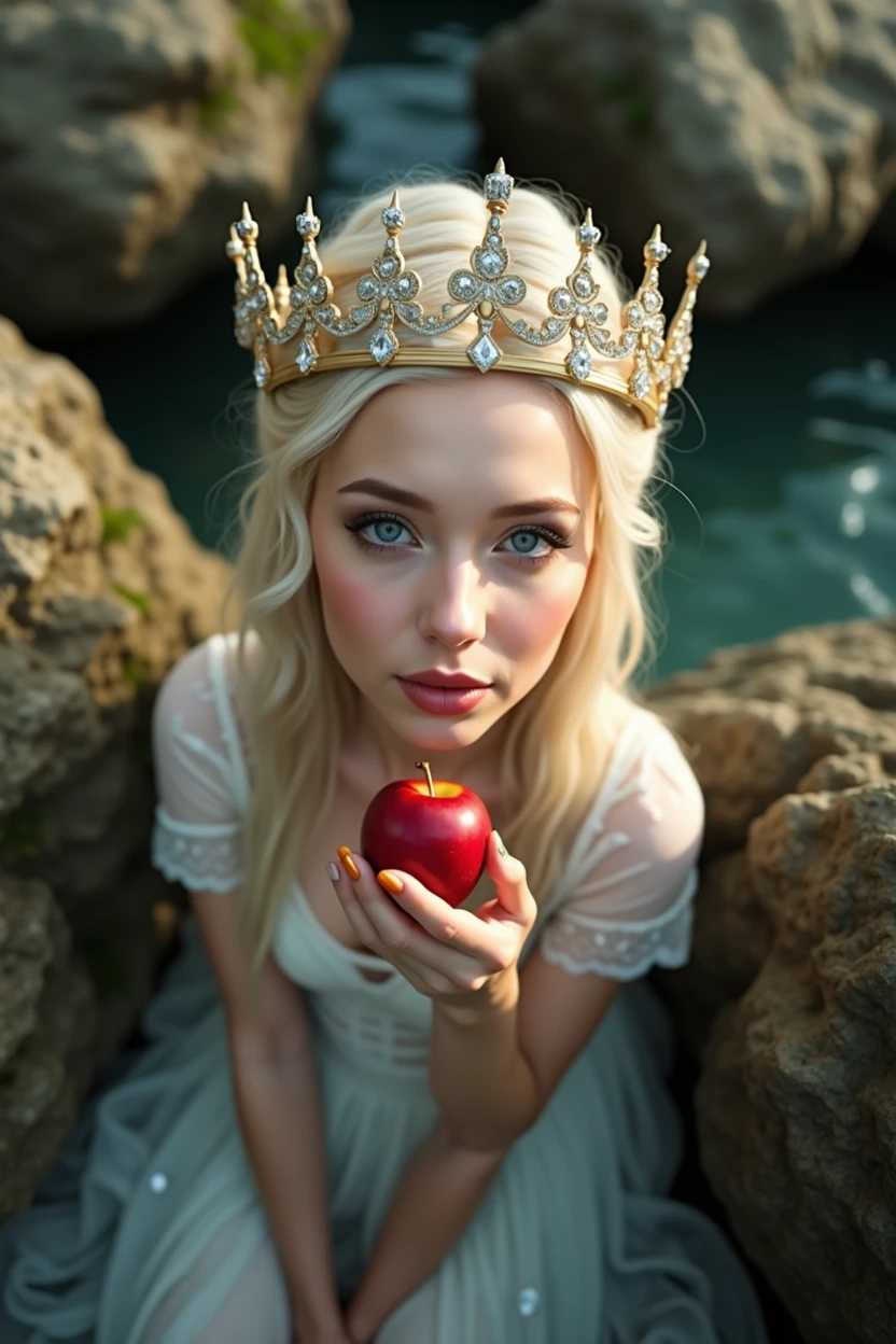 a stunning woman with thick long wavy white hair and blue eyes posing for a picture in white sheer gown, beautiful fairy princess, big crown with many sparkling diamonds, very beautiful fairy top model, ethereal beauty of queen, beautiful and elegant fairy queen with crown and red apple she is biting, fairy princess, sparkling blonde empress, princess, ice princess, ethereal fairytale, ethereal fantasy, ice queen, queen galadriel, fantasy gorgeous lighting