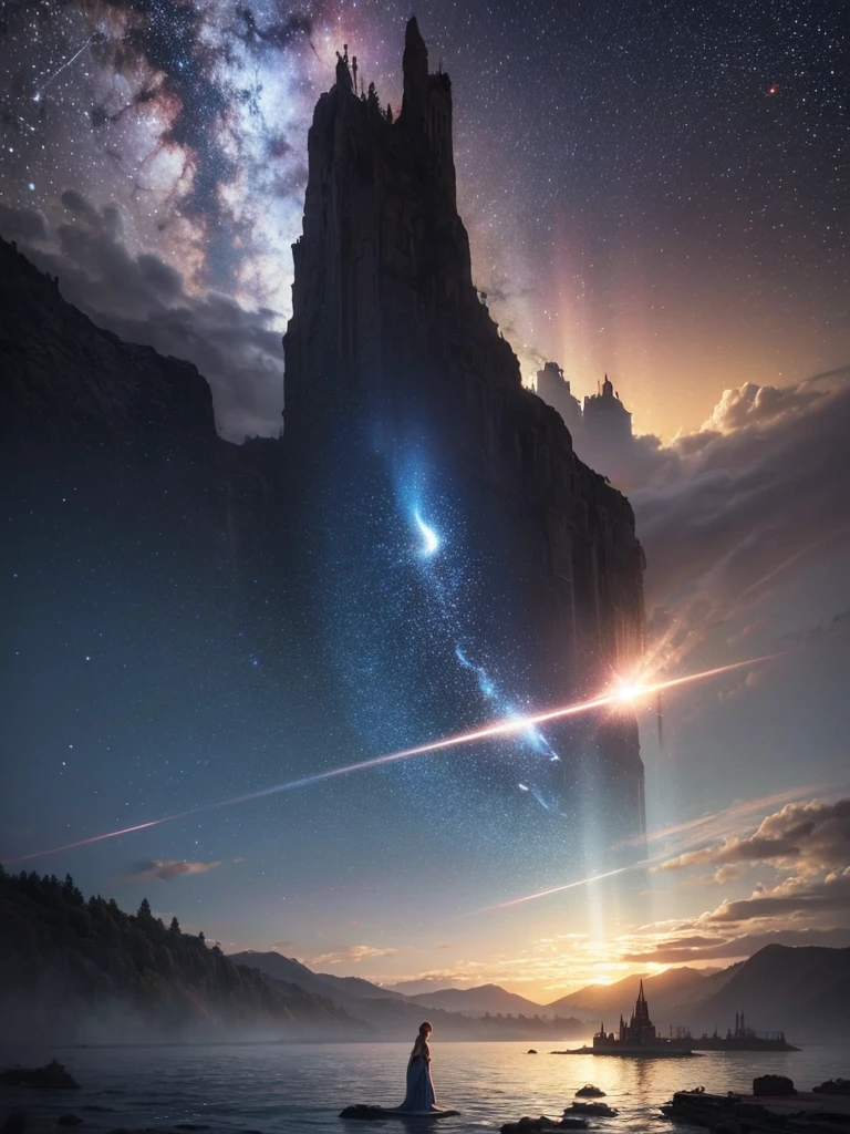 (8k, highest quality, masterpiece, final fantasy style: 1.2), (unRealistic, photoRealistic: 1.37), Dreamy landscape, Fantasy, Unsurreal landscapes, Super detailed, Flying Castle, Floating Island in the Sky, Seven-colored swirl of light, Intense lightning, milky way, Complex Light, Colored light, Large Lake, Starry sky reflected on the lake surface, Countless shining stars, Meteors, Reflections , (A pillar of light emanated from the ground:1,2),heavenly roses and orchids gardens on the ground , sunset, pink clouds, waterfall in the sky, realistic style, Hyperrealism drawing, a flying pirate spaceship floating at the clouds level, burning skyscrapers, cyborgs, timeless realms, stunning princess , floating hair, pink lipstick, cute, naked shoulders , circlet, sideless, backless, white mage robe, white leotard, pelvic curtain, leaning forward, casting spell, healing light magic effect, in a magical lagoon of the fairyland, crystal clear water surface reflections, sharp focus, looking at viewer, (close-up:0.9), (bright white theme:1.2), (bright white tone:1.2), (deep blue tone:1.3), realistic, Hyperrealism,