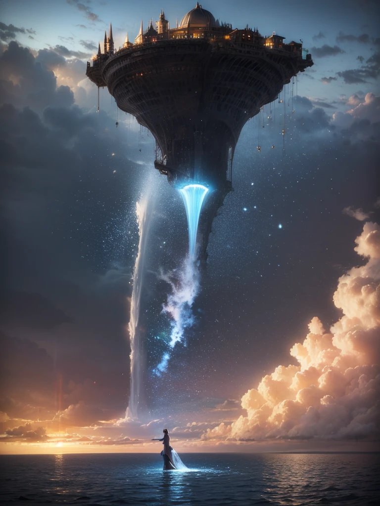 (8k, highest quality, masterpiece, final fantasy style: 1.2), (unRealistic, photoRealistic: 1.37), Dreamy landscape, Fantasy, Unsurreal landscapes, Super detailed, Flying Castle, Floating Island in the Sky, Seven-colored swirl of light, Intense lightning, milky way, Complex Light, Colored light, Large Lake, Starry sky reflected on the lake surface, Countless shining stars, Meteors,  Reflections , (A pillar of light emanated from the ground:1,2),heavenly roses and orchids gardens on the ground , sunset, pink clouds, waterfall in the sky, realistic style, Hyperrealism drawing, a flying pirate spaceship floating at the clouds level, burning skyscrapers, cyborgs, timeless realms, stunning  princess  , floating hair, pink lipstick, cute, naked shoulders ,  circlet, sideless, backless, white mage robe, white leotard, pelvic curtain, leaning forward, casting spell, healing light magic effect, in a magical lagoon of the fairyland, crystal clear water surface reflections, sharp focus, looking at viewer, (close-up:0.9), (bright white theme:1.2), (bright white tone:1.2), (deep blue tone:1.3), realistic, Hyperrealism,