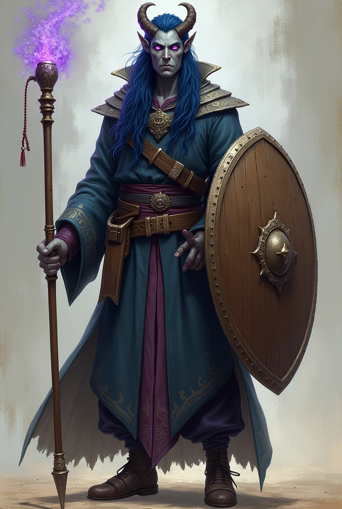 Tall young wizard with grey skin, purple eyes and dark blue hair, He has a simple cane, comfortable clothes and a shield